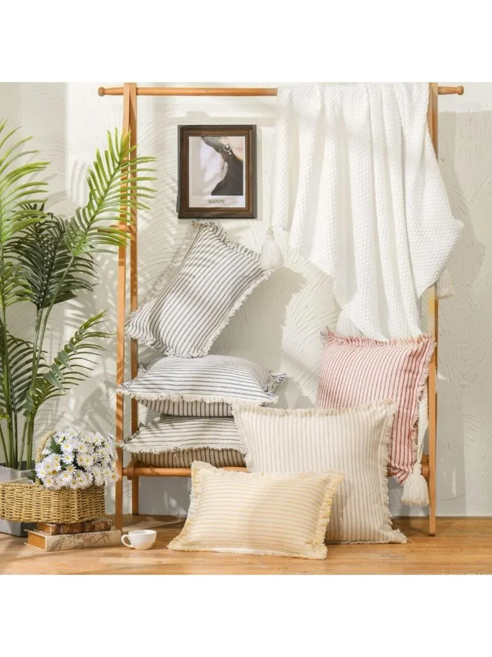 Chic Striped Throw Pillow Covers 24x24 Set of 2 with Fringe for Sofa & Bed Decor